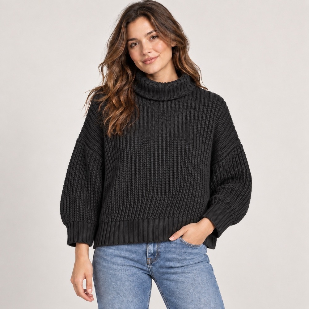 Aerie Turtleneck Sweater Women S Grey Shaker Stitch Ribbed Knit Oversized Chunky